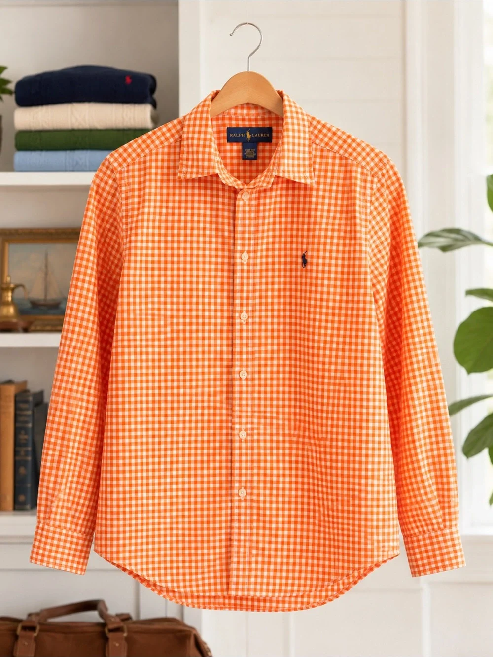 Ralph Lauren Boys Orange Gingham Button Down Shirt L 14-16 Long Sleeve